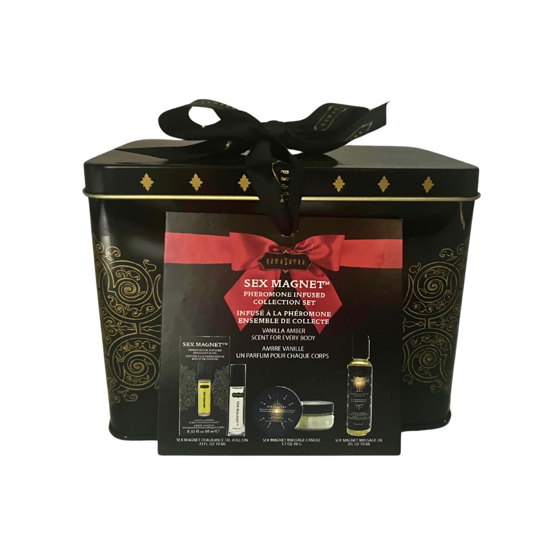 Coffret cadeau Sex Magnet Phéromone Vanille Ambre comprenant : Parfum à bille, Huile de massage, Bougie de massage