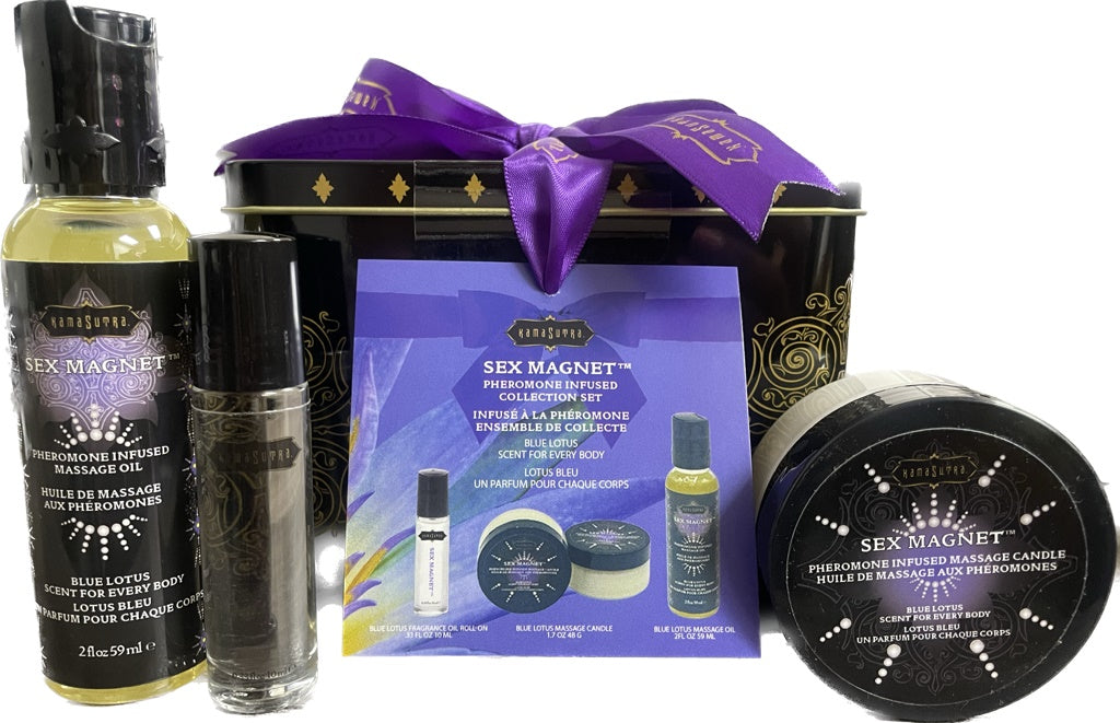 Coffret cadeau de phéromones Sex Magnet BLUE LOTUS comprenant un parfum à bille, une huile de massage et une bougie de massage