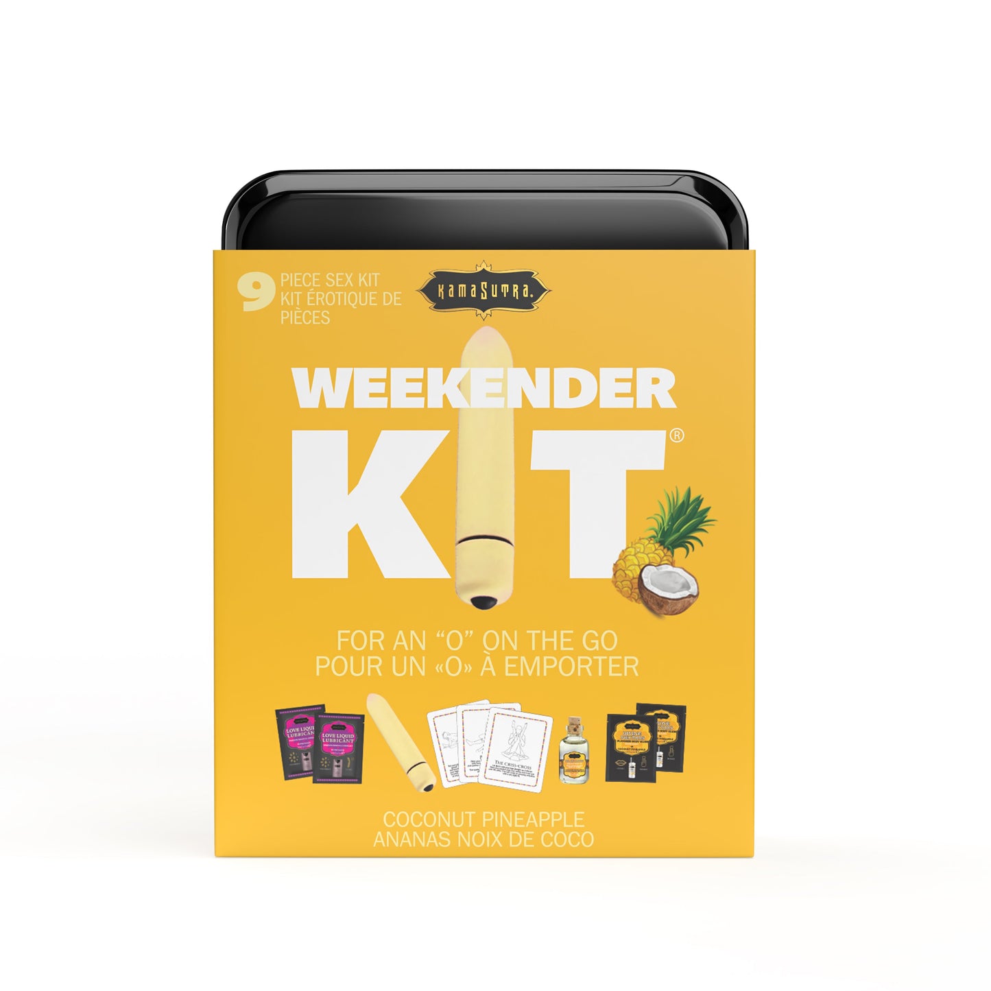 KIT WEEKENDER VIBE Coconut Pineapple Comprend : Huile d'Amour, Mini Vibromasseur 10 vitesses réutilisable, Huile de Massage, Love Liquid et Cartes de Jeu Érotiques