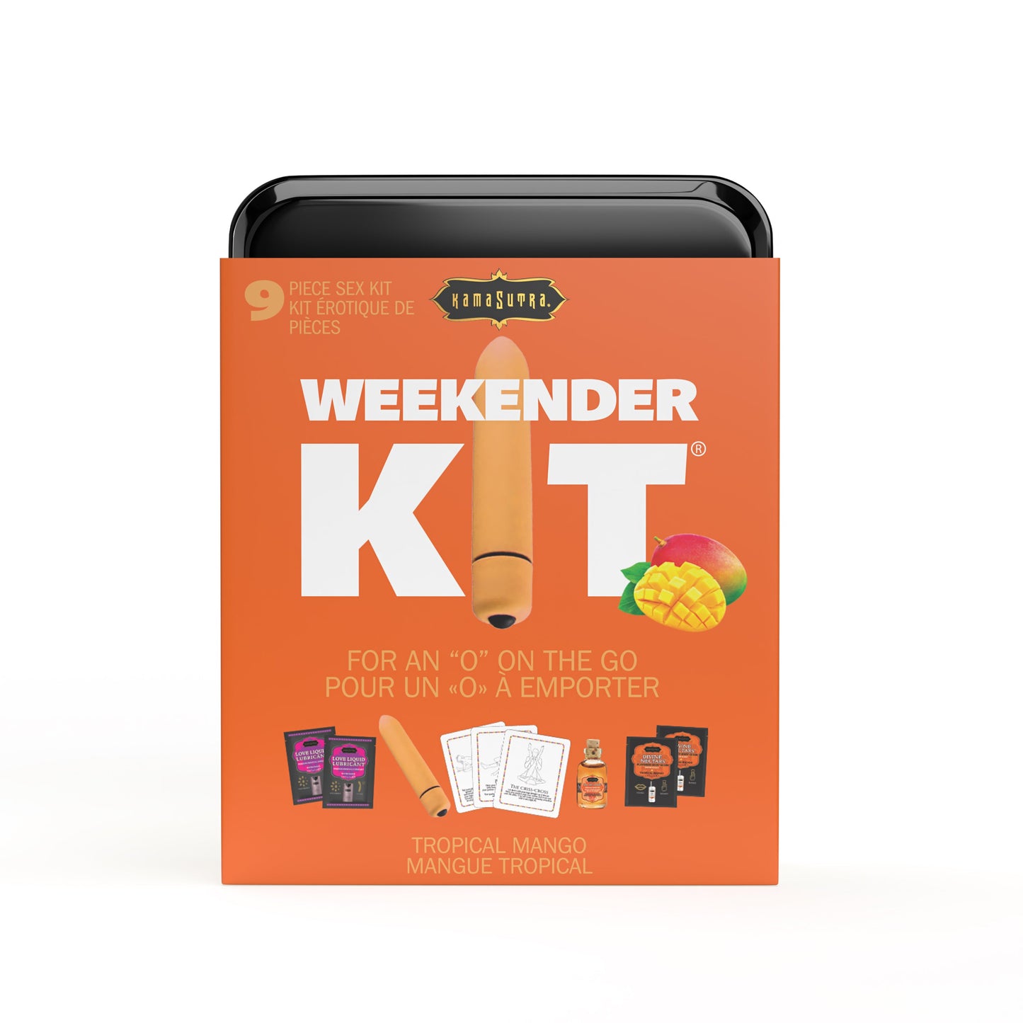 KIT WEEKENDER VIBE Tropical Mango Comprend : Huile d'Amour, Mini Vibromasseur 10 vitesses réutilisable, Huile de Massage, Love Liquid et Cartes de Jeu Érotiques