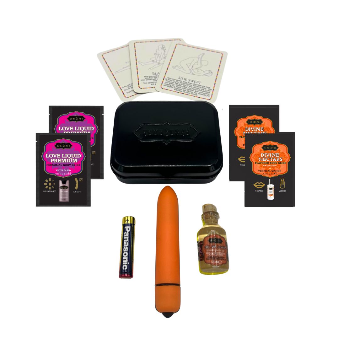 KIT WEEKENDER VIBE Tropical Mango Comprend : Huile d'Amour, Mini Vibromasseur 10 vitesses réutilisable, Huile de Massage, Love Liquid et Cartes de Jeu Érotiques